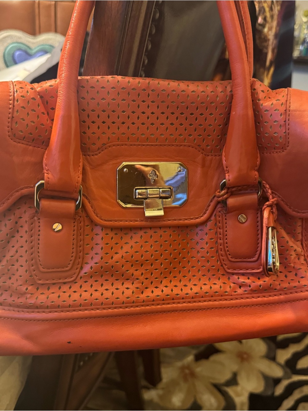 Cole Haan Perforated Leather Satchel in Orange